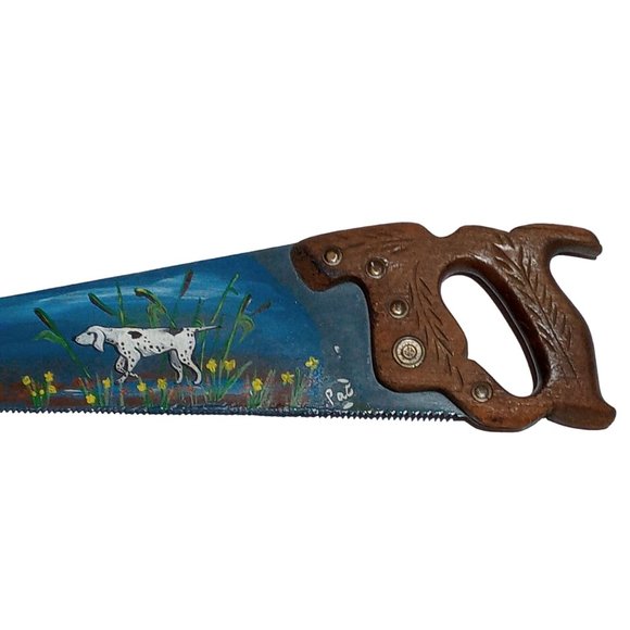 Primitive English Pointer Bird Dog Painting Rustic Hand Saw Vintage Flower OOAK - Picture 3 of 16